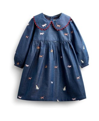 Girls' 4-16 Long-Sleeve Peter Pan Collar Embroidered Chambray Dress