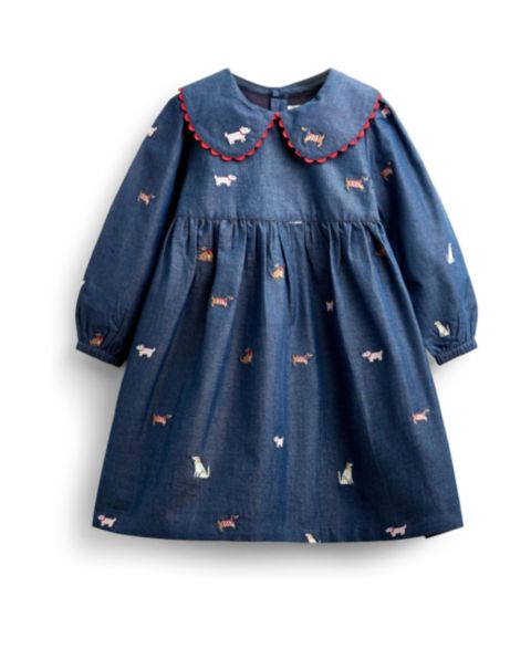 Платье JoJo Maman Bébé Long-Sleeve Peter Pan Collar Embroidered Chambray Dress для девочек, цвет: Средняя варка джинсовый