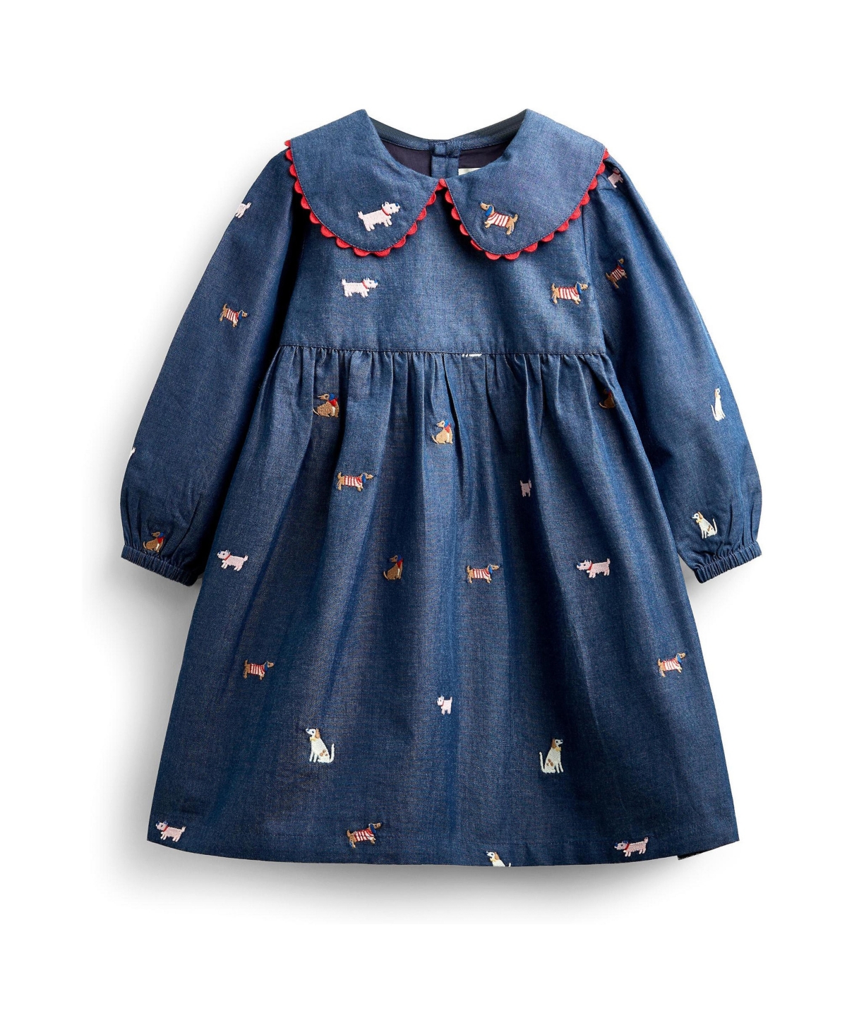 JoJo Maman Bebe Girls' 4-16 Long-Sleeve Peter Pan Collar Embroidered Chambray Dress - Mid wash denim