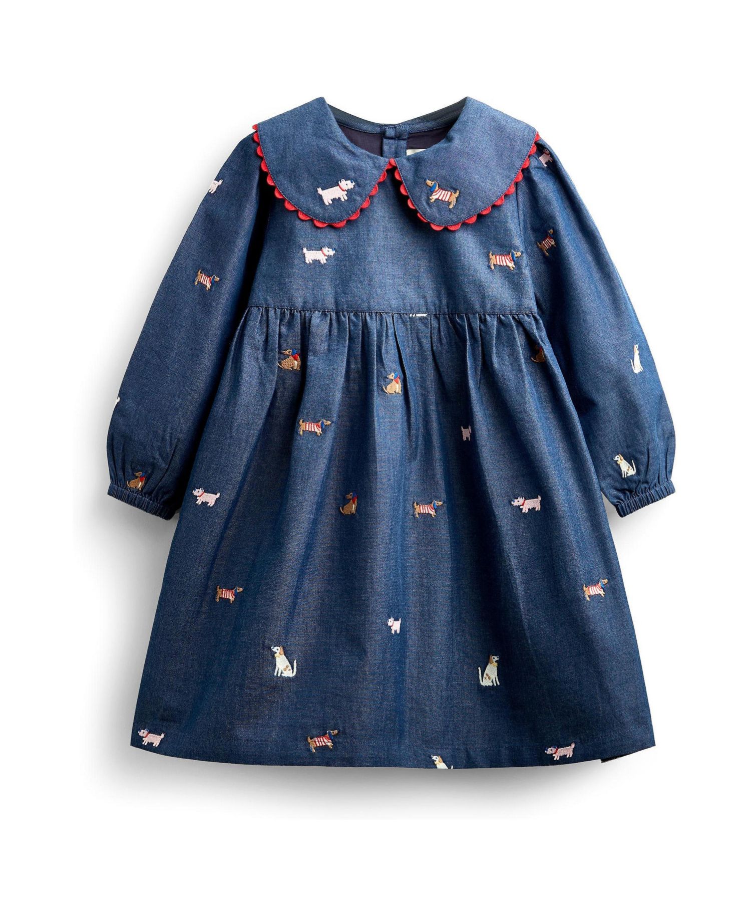 Girls' 4-16 Long-Sleeve Peter Pan Collar Embroidered Chambray Dress
