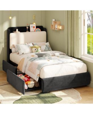 Upholstered Bed Frame with Shelf and Drawers, Chenille Platform Bed with Built-in Headboard Shelf for Phone and Books, Easy Assembly