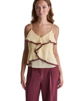 Women's V-Neck Ruffle Front Contrast Trim Tank