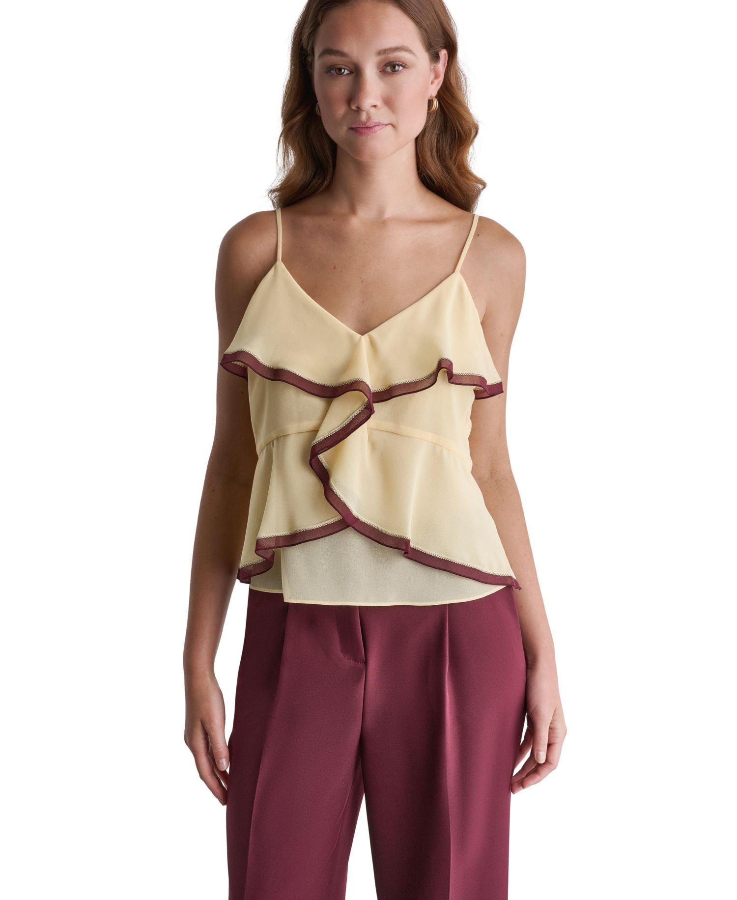 Women's V-Neck Ruffle Front Contrast Trim Tank Top