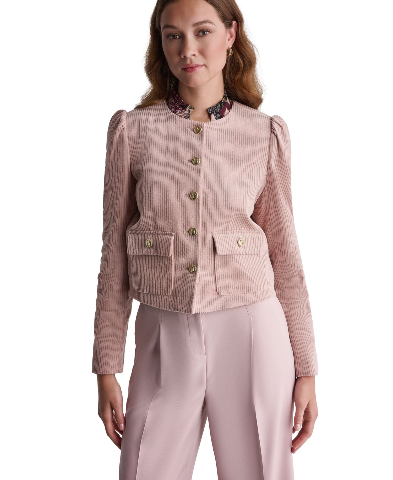 Women's Corduroy Puff-Shoulder Collarless Jacket