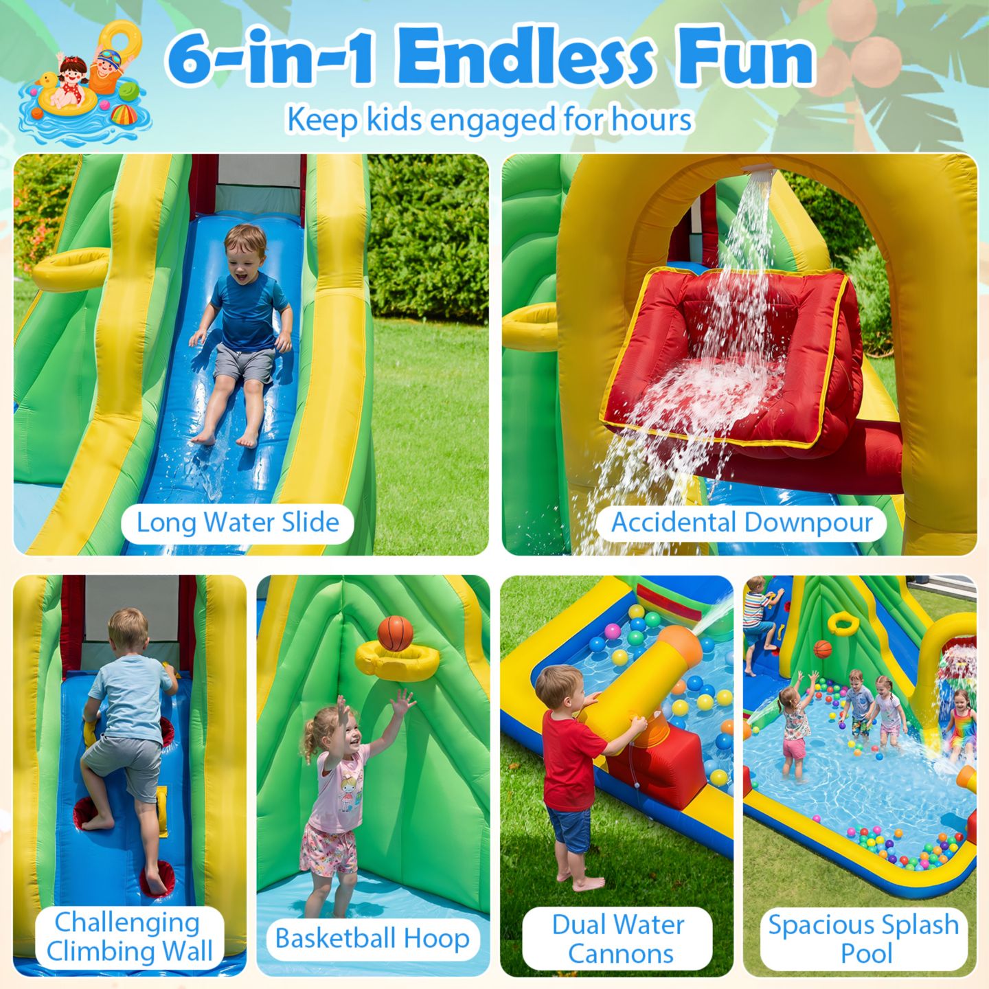 Детская игрушка Costway Inflatable Water Slide Bounce House, 350-lb Capacity, 3–10 лет, цвет: Зелёный — фото 10