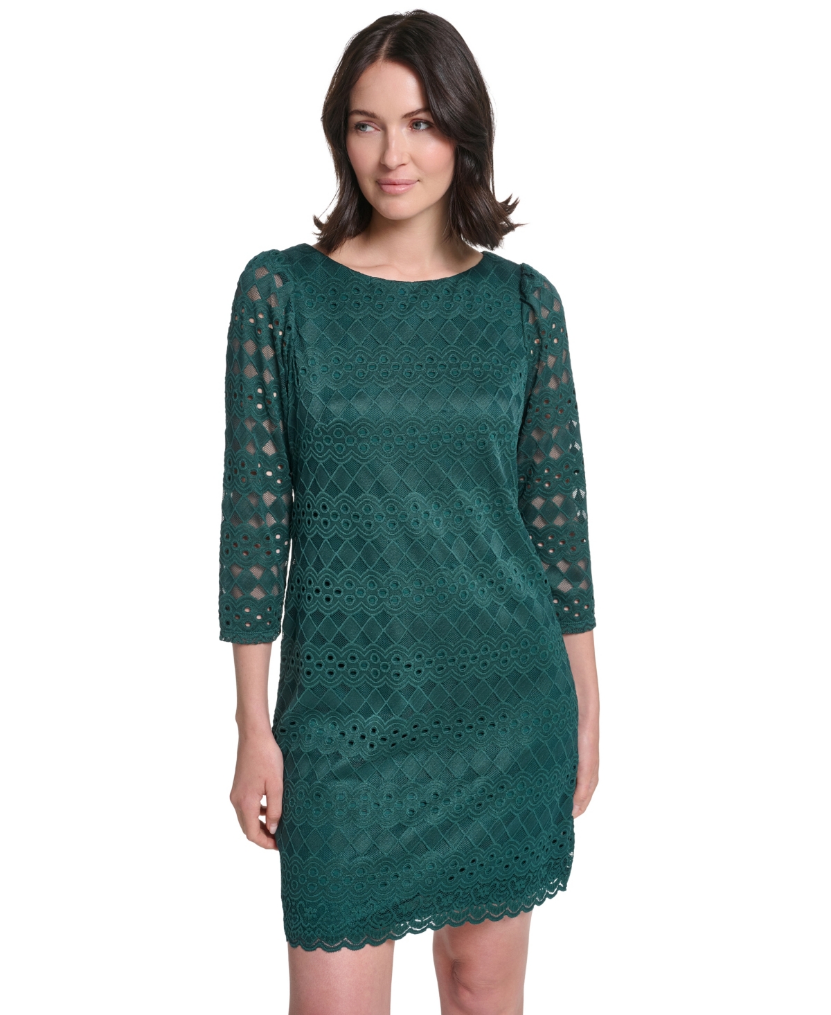 Jessica Howard Petite Lace Shift Boat Neck 3/4-Sleeve Dress