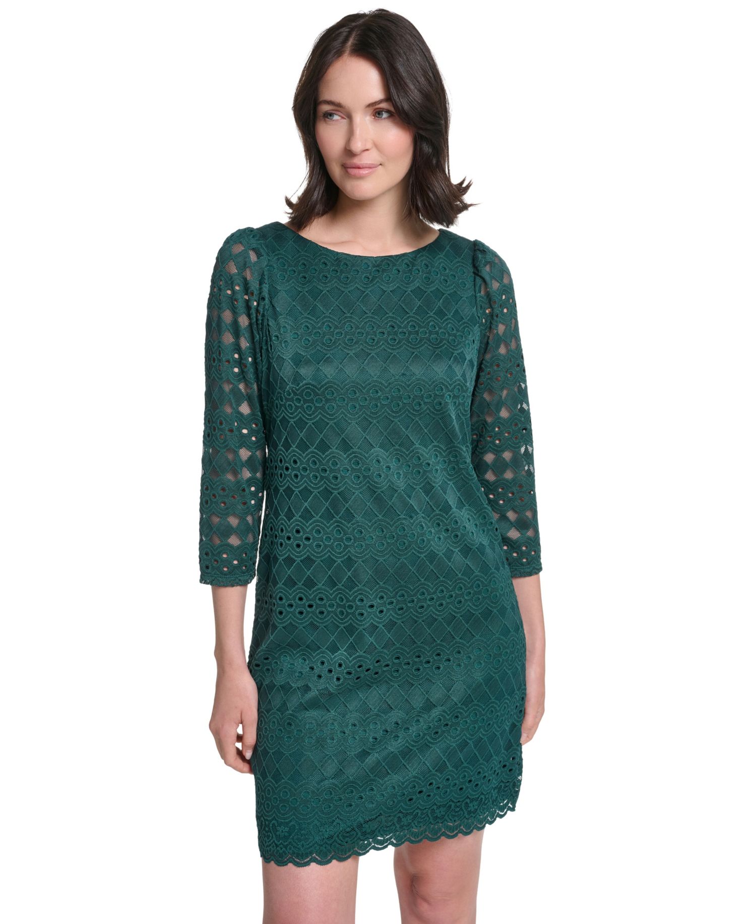 Petite Lace Shift Boat Neck 3/4-Sleeve Dress