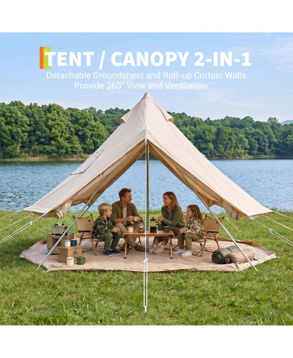 Maxsa Canvas Bell Tent with Stove Jack, 4-Season Glamping Yurt Tent with Pvc Floor, Mesh Windows, Roof Vent