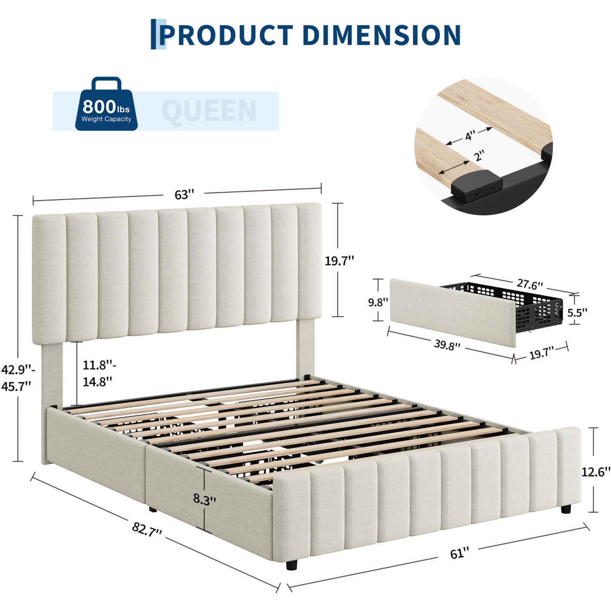 Gaomon Modern Upholstered Platform Bed Frame Featuring 4 Storage Drawers, Adjustable Height Headboard, Heavy Duty Construction