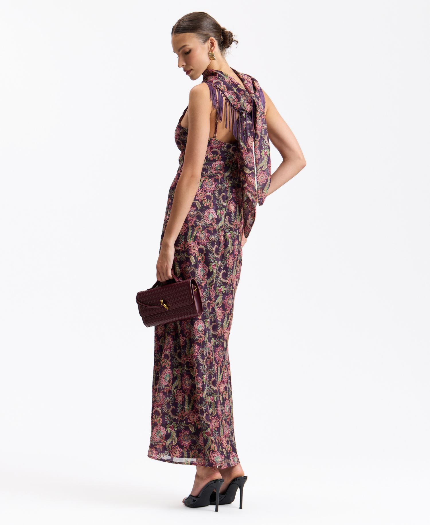 Women's Floral Cowl Neck Fringe Cape Scarf Maxi Dress