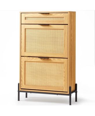 Shoe Storage Cabinet with Rattan Finish, Flip-Top Drawer and Metal Legs