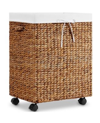 Medium Laundry Hamper  Rolling Wheels, Woven Hyacinth Laundry Basket  Liner, 24 Gal