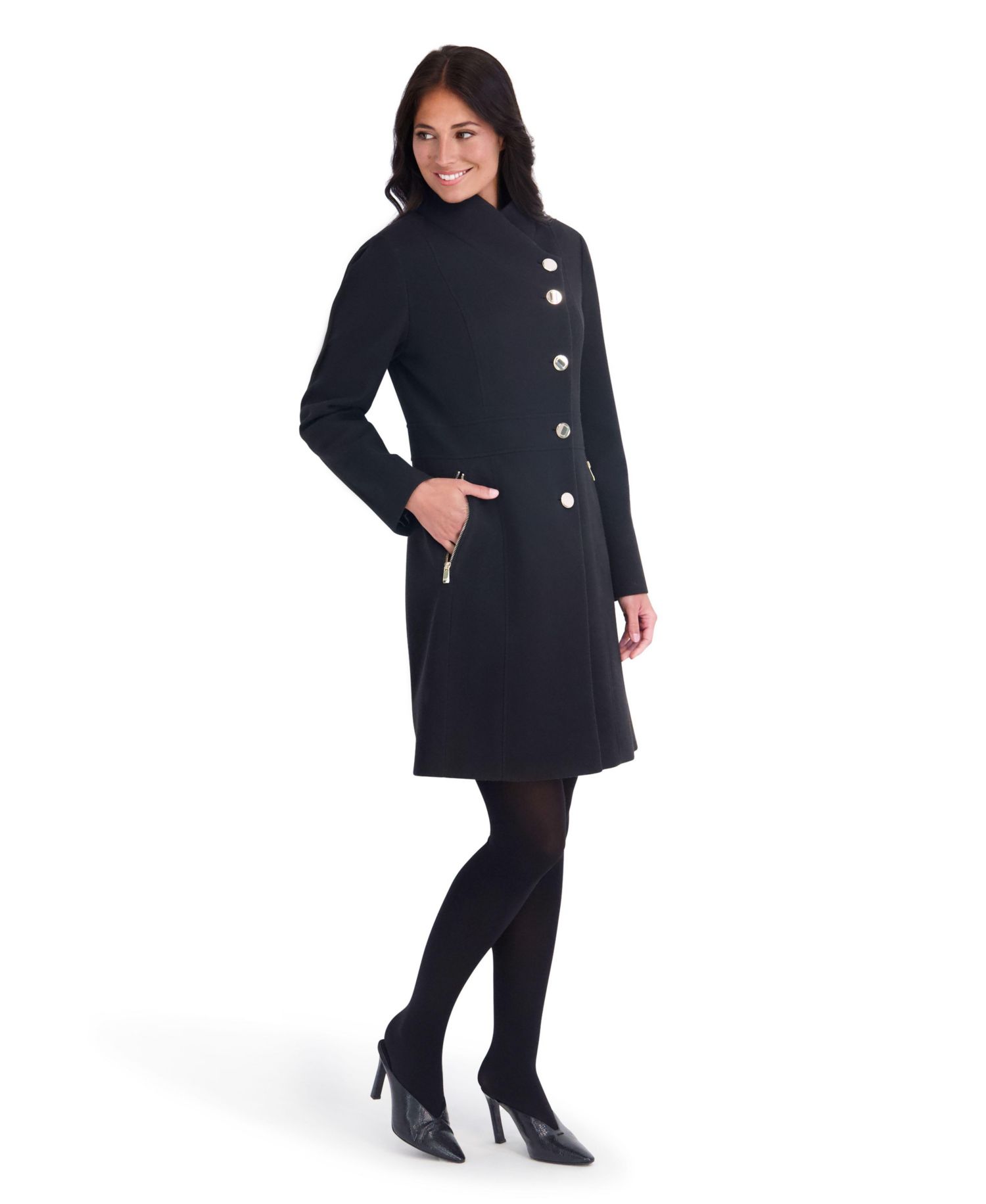 Women's Faux Wool Pea Coat With Asymmetrical Button Formation