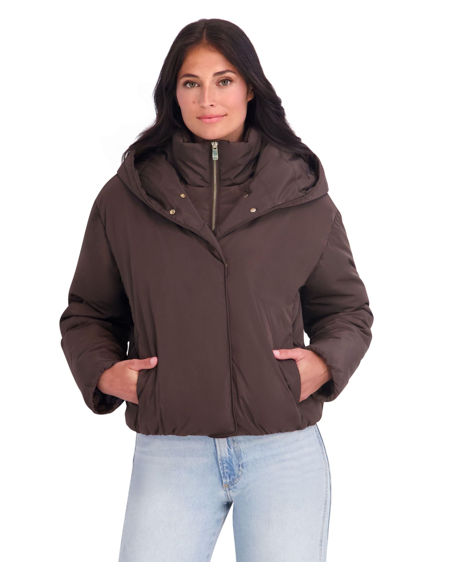 Women's Memory Fabric Puffer Jacket With Attached Hood And Stand Collar