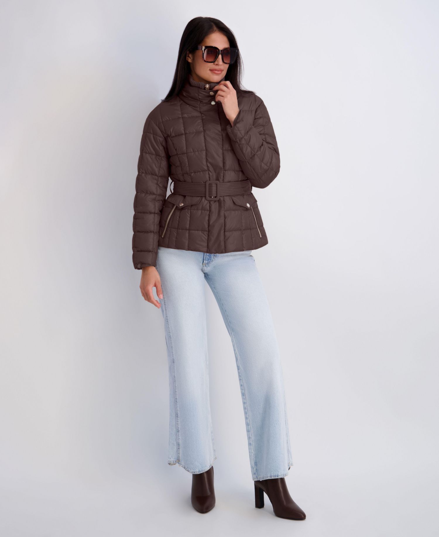 Women's Quilted Puffer Jacket With Self-Tie Waist And Funnel Neck