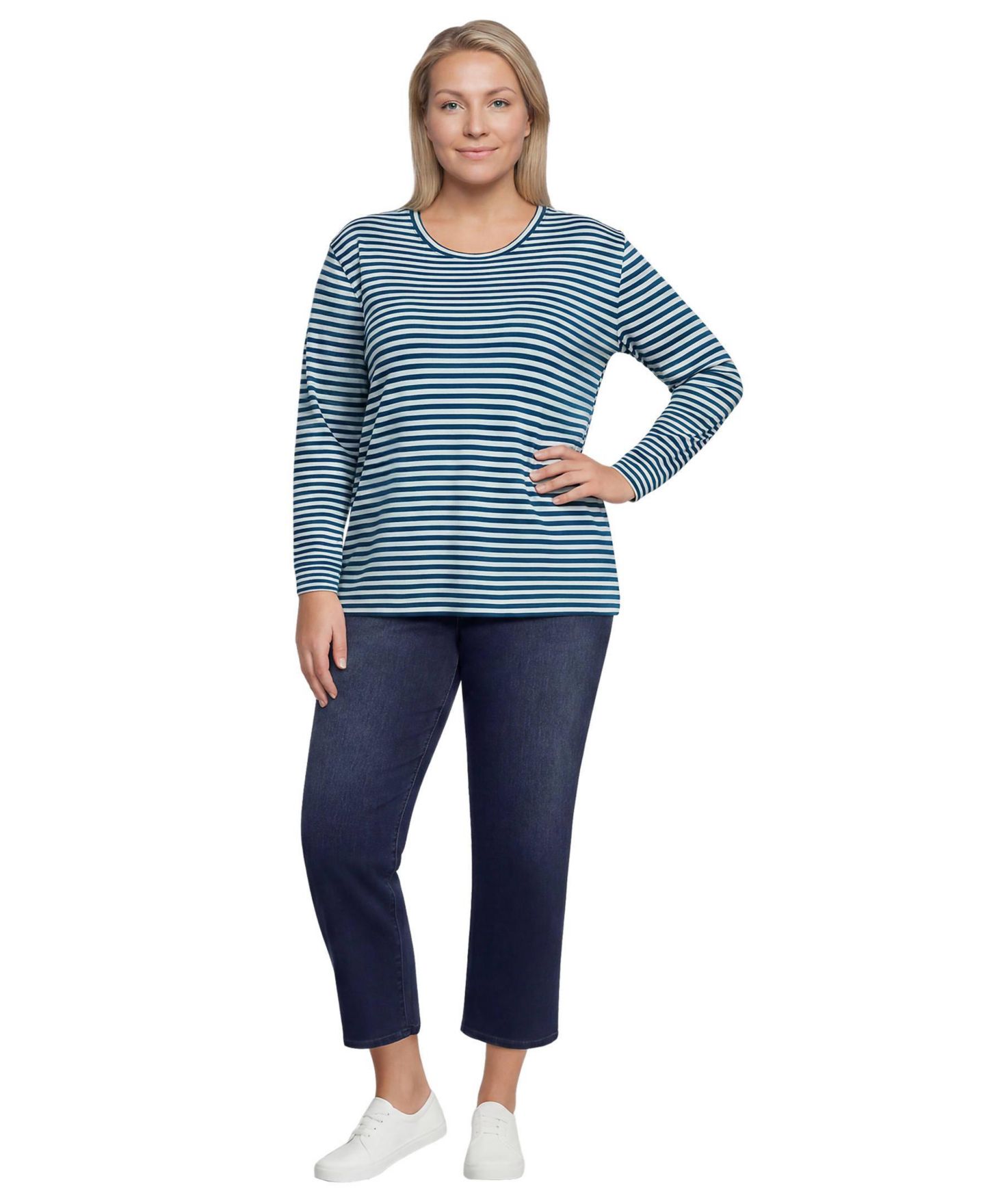 Женский топ Lands' End Plus Size Cotton Relaxed Long Sleeve Crew Neck, цвет: Бирюзовый / Полосатый — фото 2