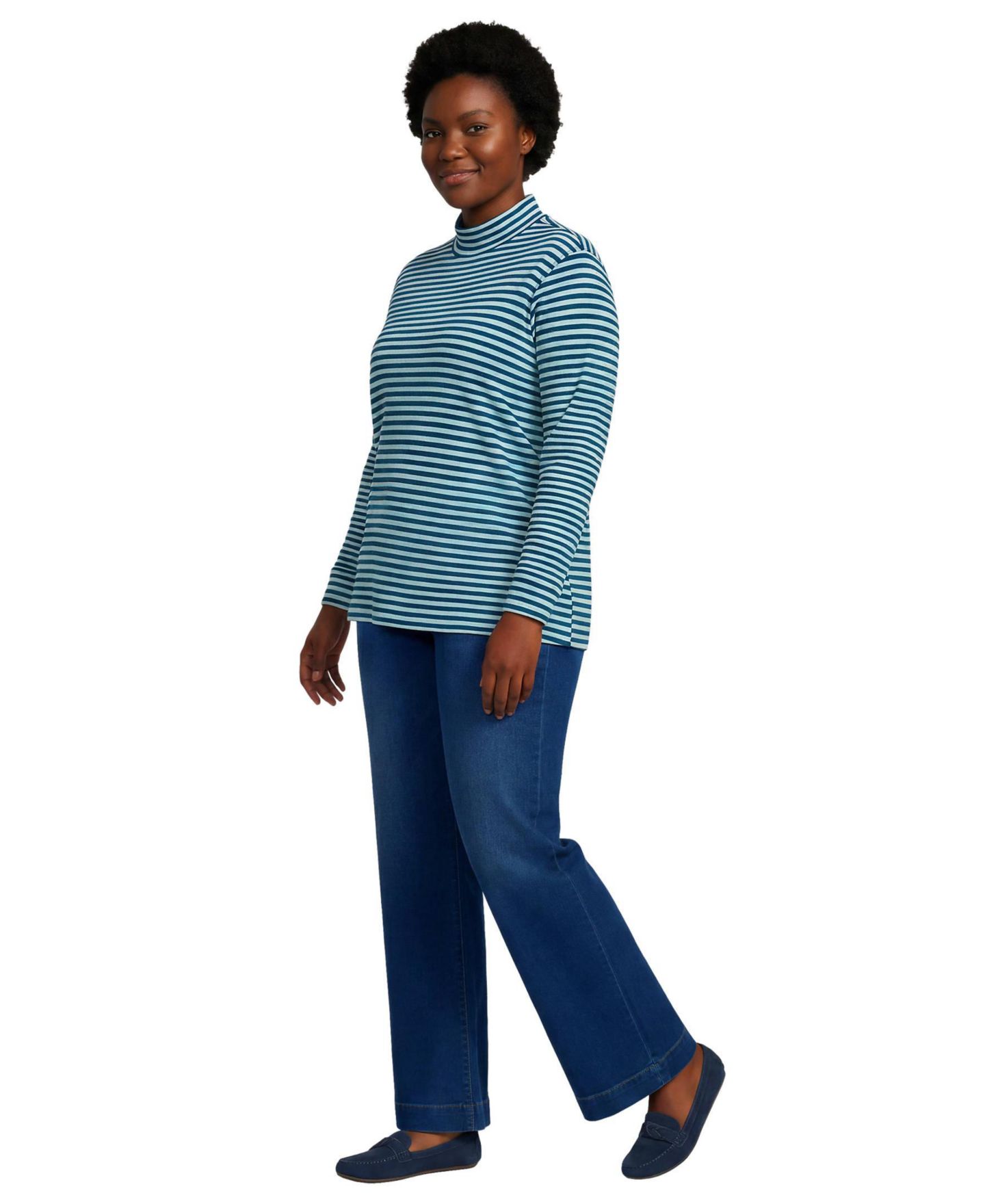 Женский топ Lands' End Plus Size Relaxed Cotton Long Sleeve Mock Turtleneck, цвет: Бирюзовый / Полосатый — фото 2