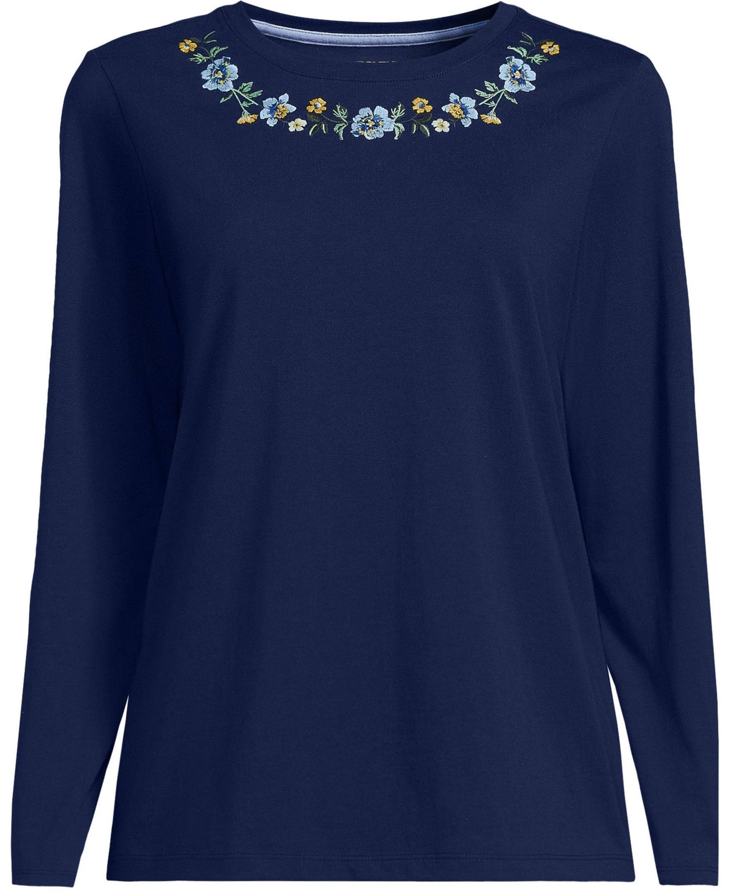 Plus Size Supima Cotton Long Sleeve Embroidered Crew Neck T-Shirt