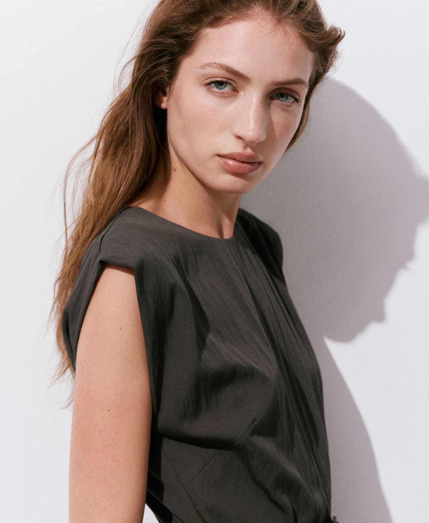Women's Belted Asymmetric Crewneck Midi Dress