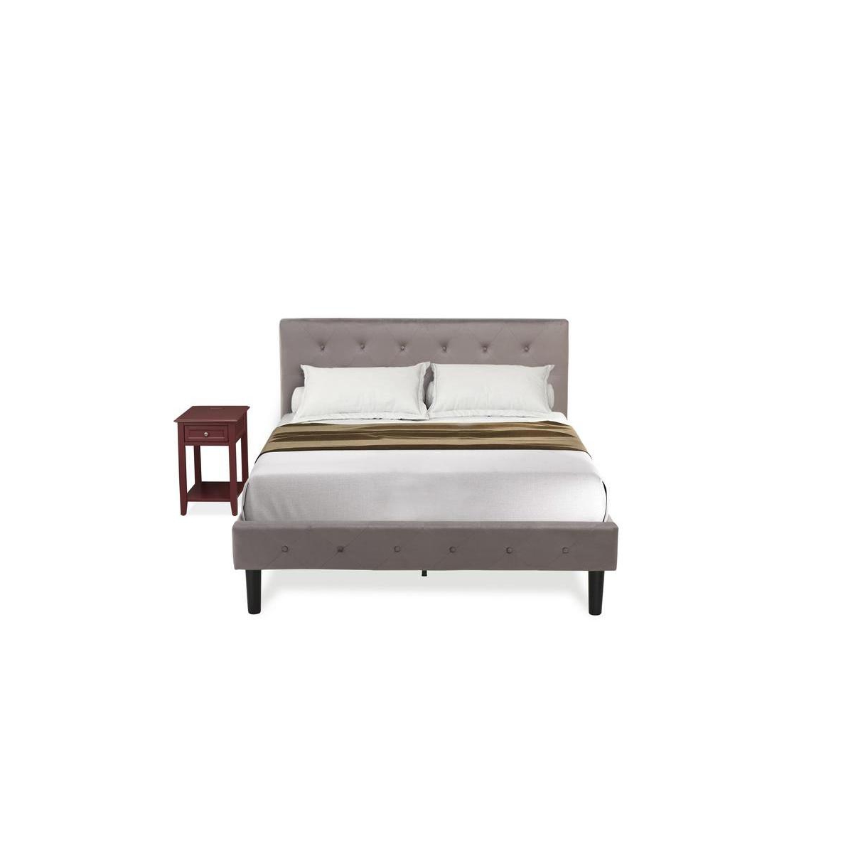 East West Furniture NL14F-1DE13 2 Piece Full Bed Set - 1 Bed Taupe Velvet Fabric Headboard and 1 Modern Nightstand