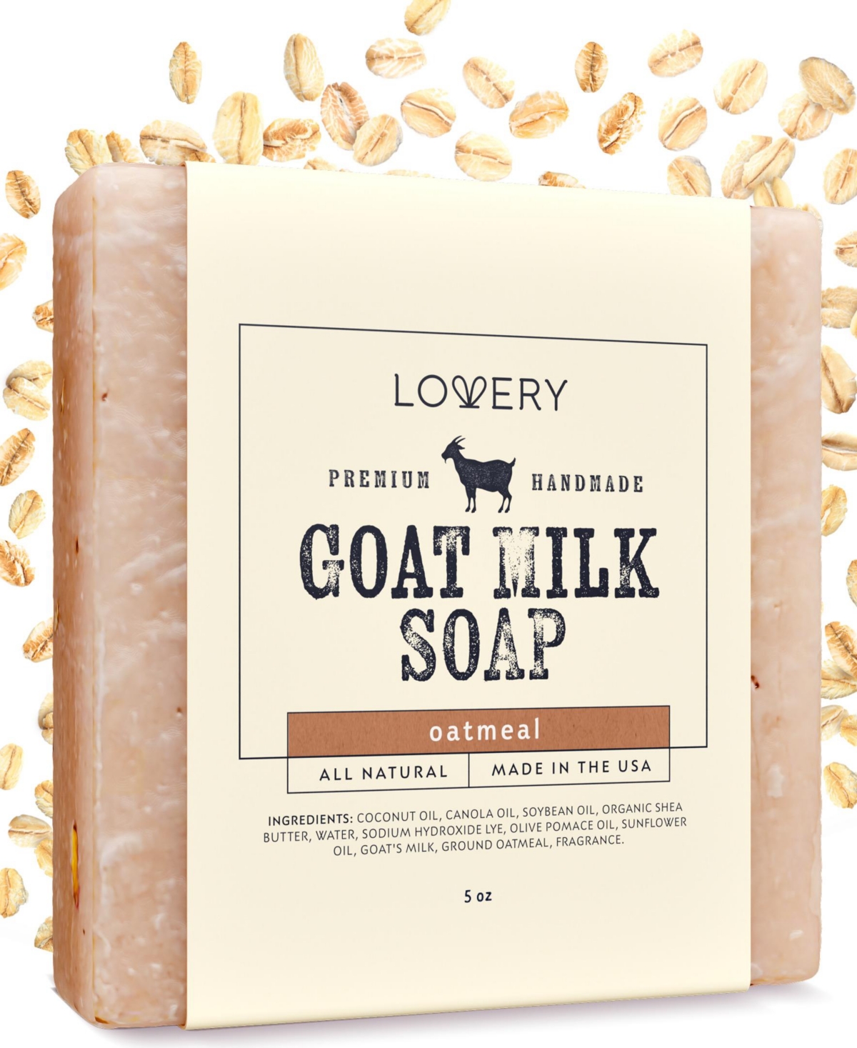 Lovery Handmade Goat Milk Soap Made in Usa with Shea Butter Oatmeal Scent Goats Milk Soap Bar, Oatmeal Soap Base - Beige