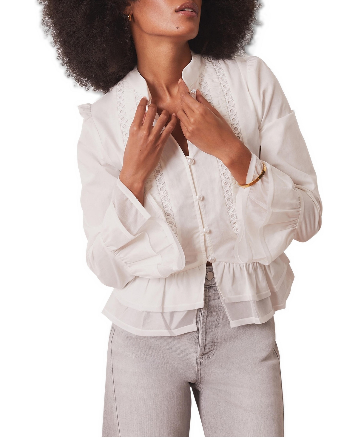 Mint Velvet Women's Lace Long-Sleeve Stand Collar Blouse