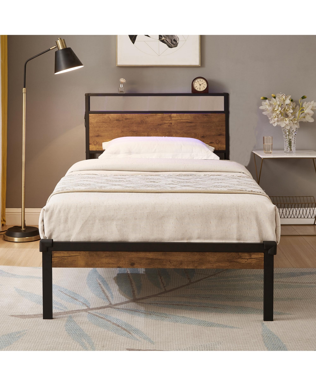 Slickblue Twin Metal Bed Frame with Wooden Headboard and Footboard for Bedroom