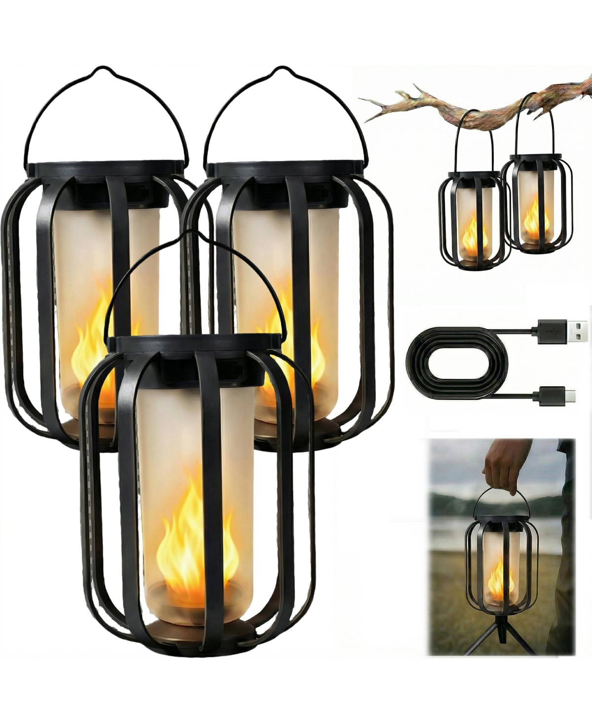 Cushry Solar Lanterns Outdoor Waterproof Hanging Solar Lantern Flickering Flame Solar Lights for Garden Patio Yard Decor (3Pieces)