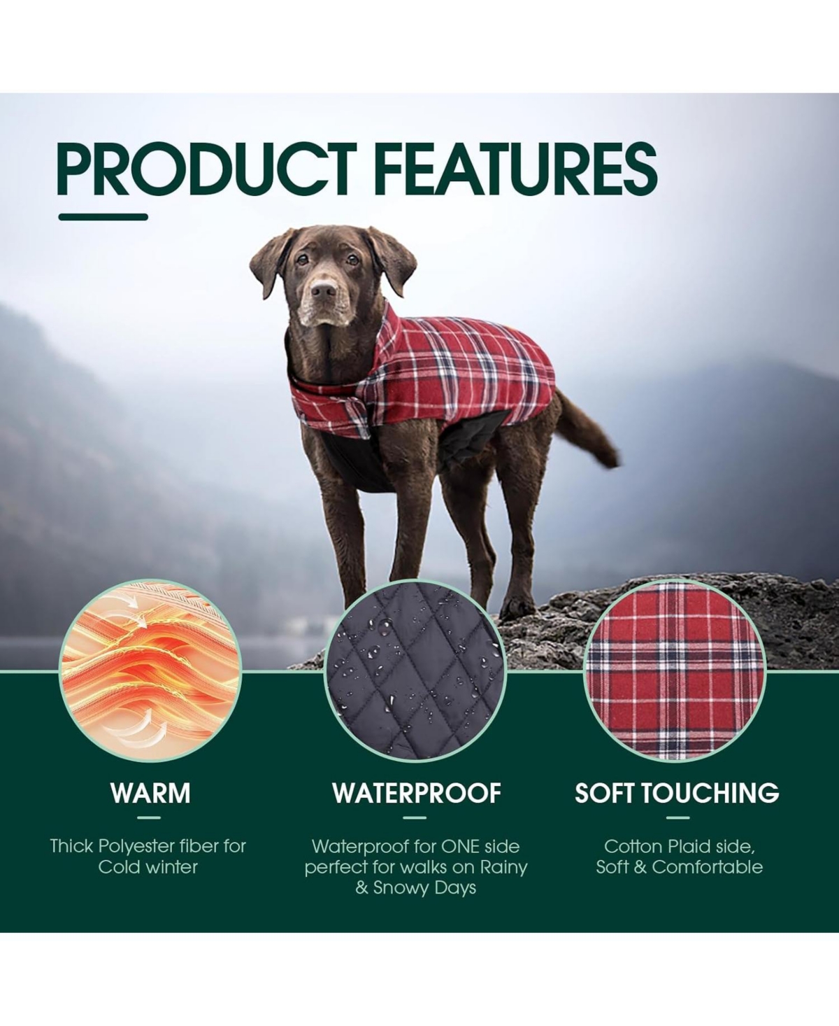 Reversible Waterproof Fleece-Lined Dog Jacket with Leash Access for Cold Weather