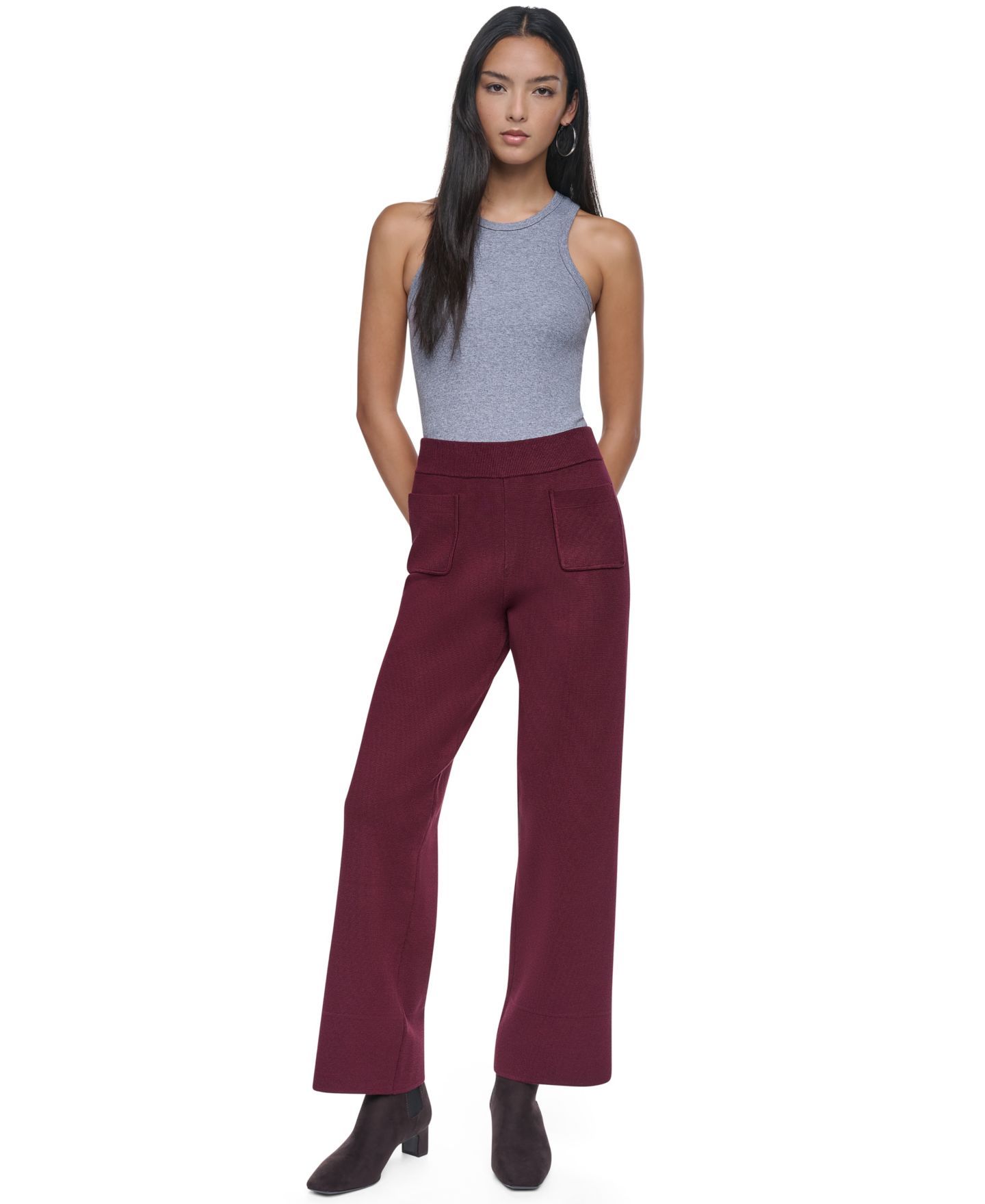 Женские широкие брюки DKNY Essentials без застёжки с высокой посадкой и передним карманом, цвет: Каберне — фото 3