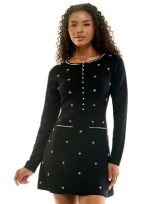 Juniors' Long-Sleeve Imitation Pearl-Embellished A-Line Sweater Dress