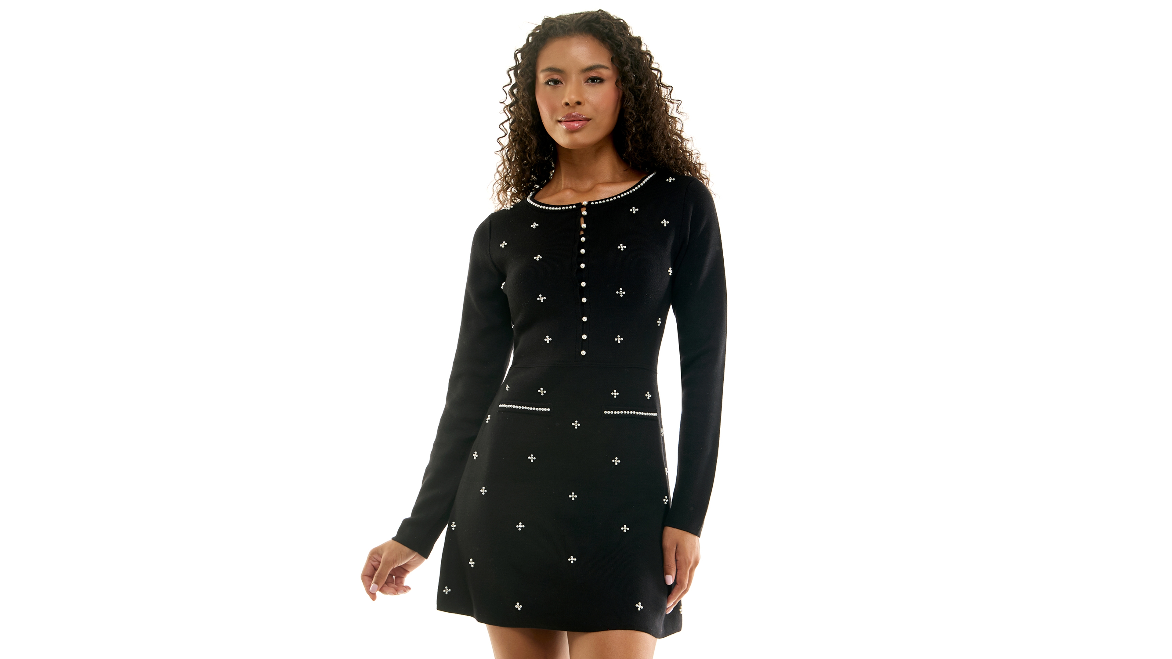 Invitee Juniors' Long-Sleeve Pearl-Embellished A-Line Sweater Dress