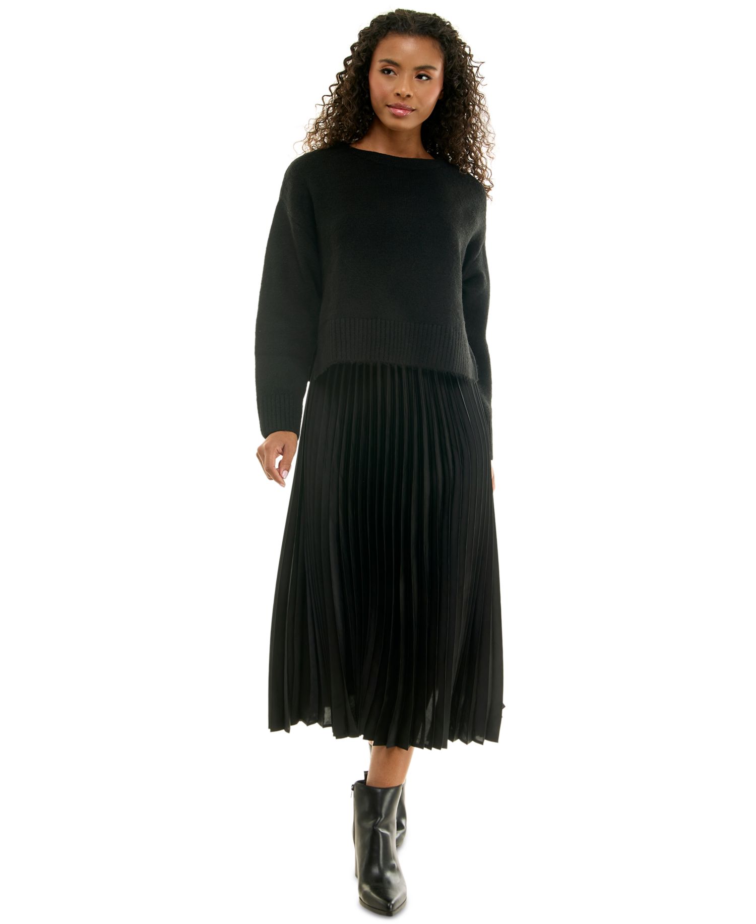 Juniors' Pleated-Satin Midi Crewneck Sweater and Slip Dress, 2-Piece Set