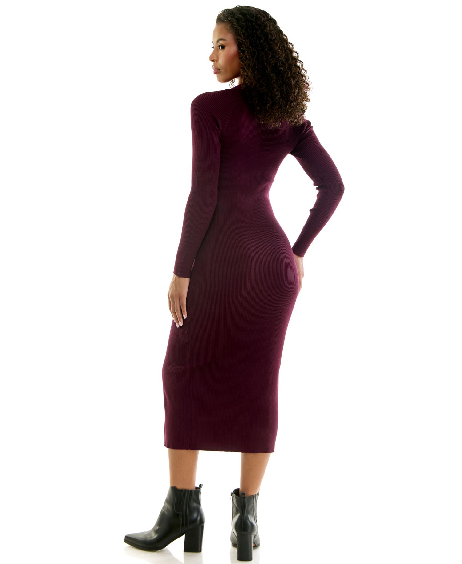 Juniors' Square Neck Long Sleeve Midi Sweater Dress with Asymmetrical Button Detail