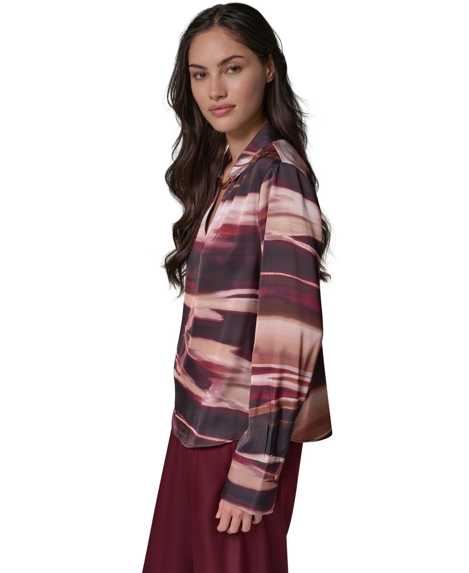 Women's Long-Sleeve V-Neck Satin Blouse