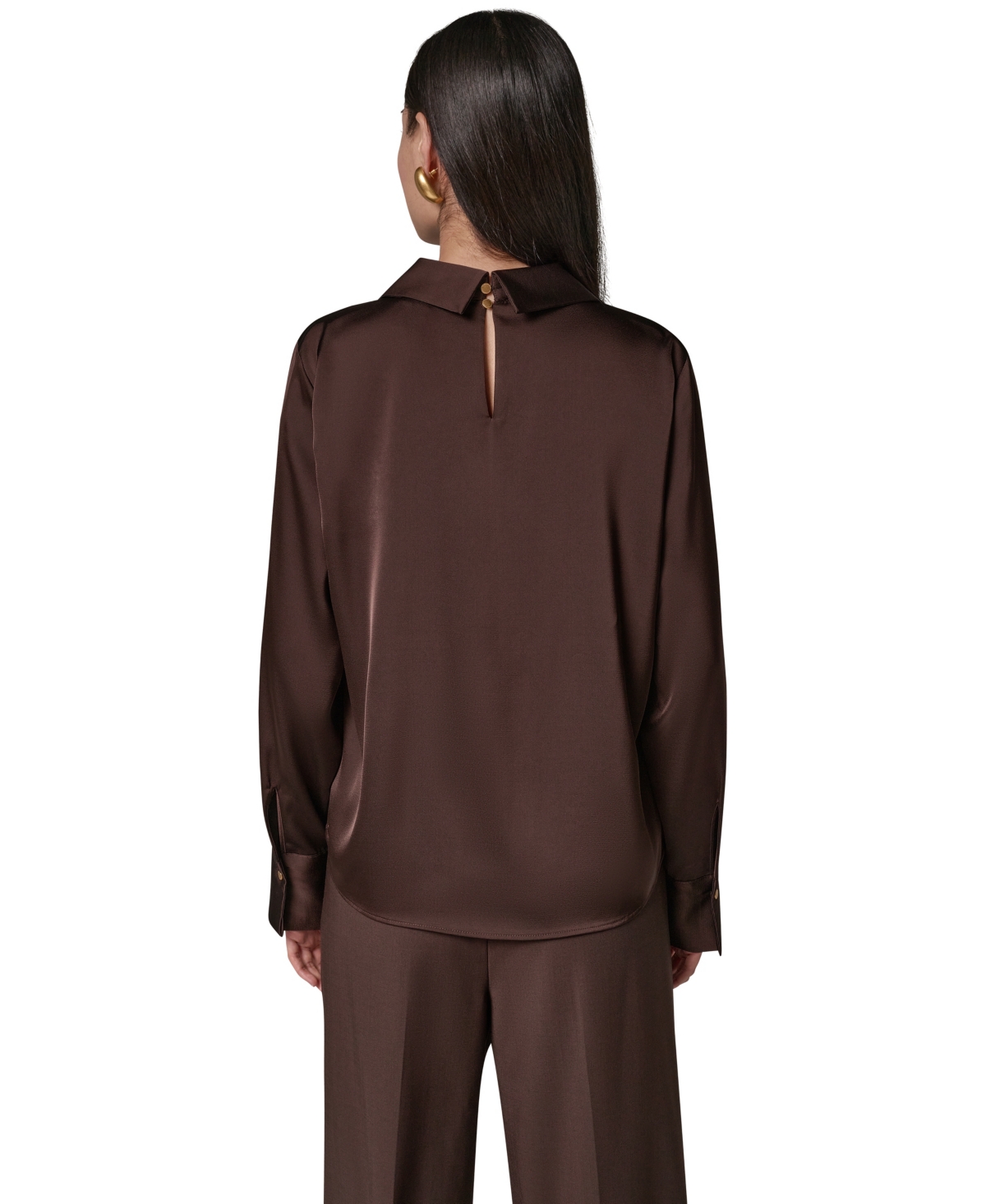 Donna Karan New York Women's Long-Sleeve Satin V-Neck Collared Blouse