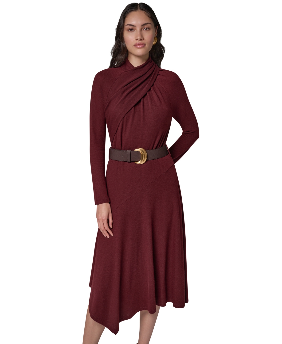Donna Karan New York Women's Long-Sleeve Mock-Neck Asymmetrical-Hem Midi Dress