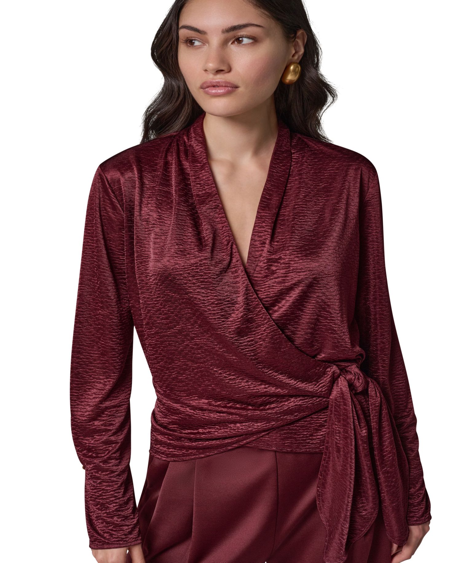 Women's Long-Sleeve Crinkled V-Neck Blouse