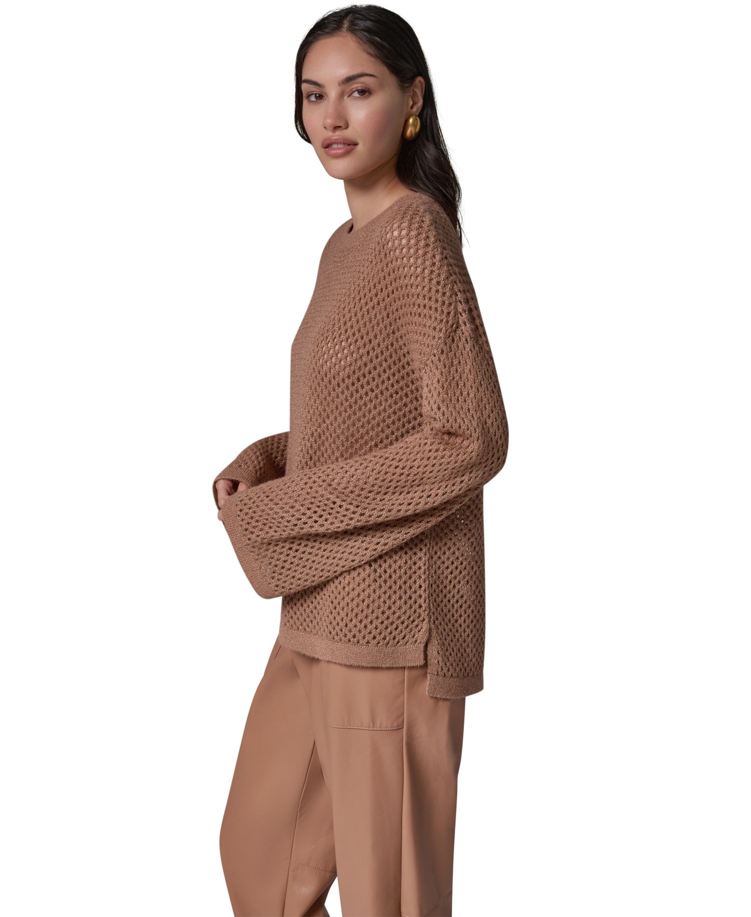 Women's Oversized Long-Sleeve Open-Weave Crewneck Sweater