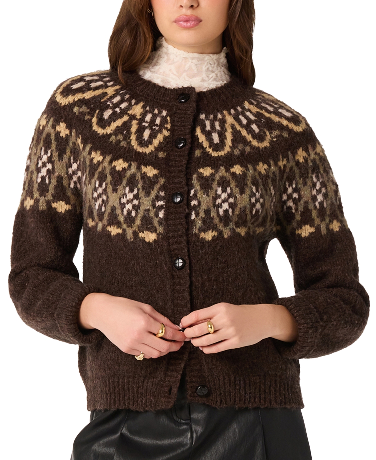 Astr the Label Women's Irene Fair Isle Oversized Crewneck Cardigan - Brown