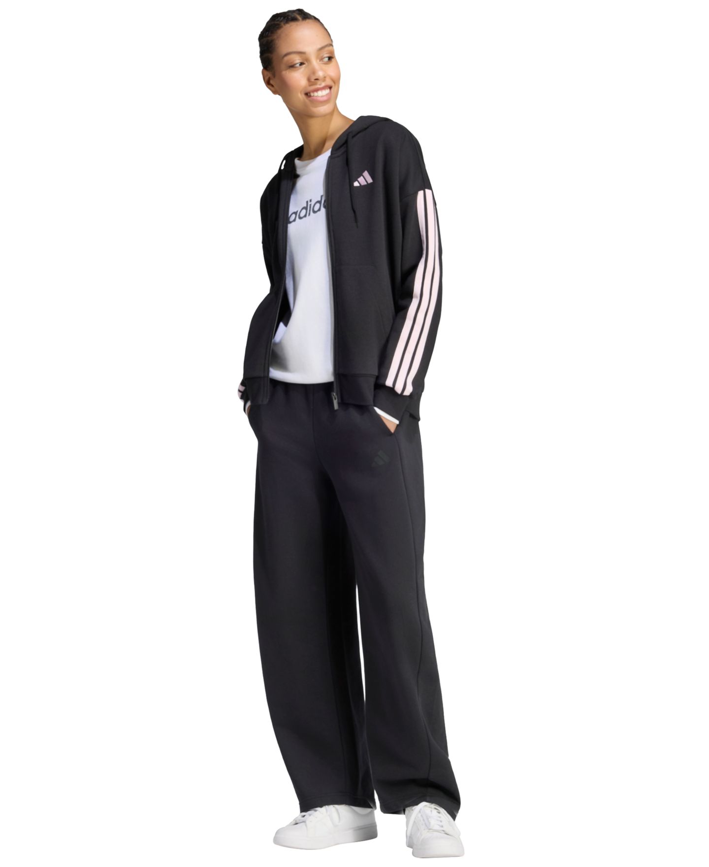 Женское худи adidas 3-Stripe Fleece Full-Zip, цвет: Чёрный / Прозрачный розовый — фото 2