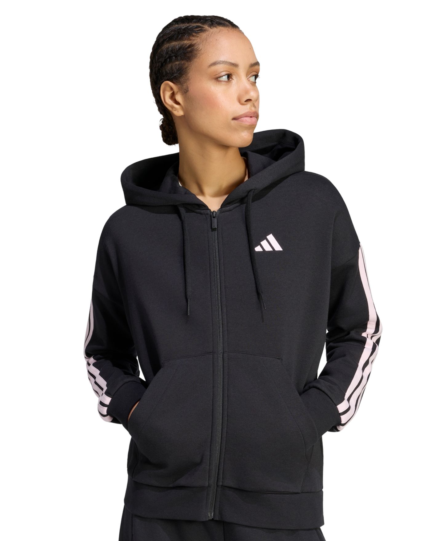 Женское худи adidas 3-Stripe Fleece Full-Zip, цвет: Чёрный / Прозрачный розовый — фото 3