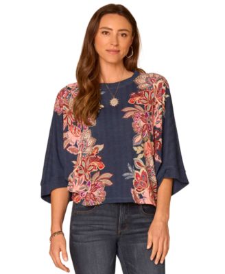 Women's Floral-Print 3/4 Dolman Sleeve Scoop Neck Blouse
