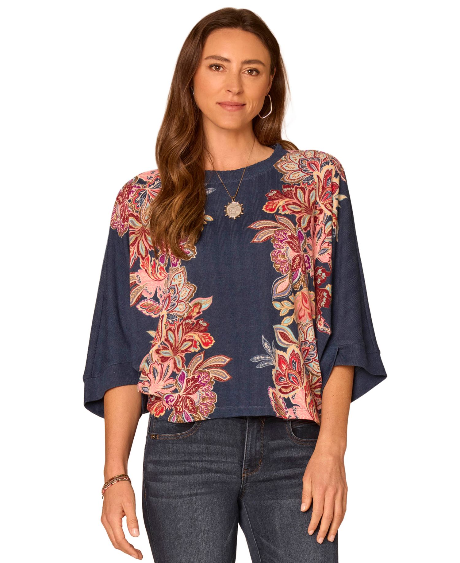 Women's Floral-Print 3/4 Dolman Sleeve Scoop Neck Blouse