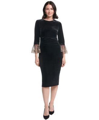 Petite Velvet Jewel Neck 3/4-Sleeve Midi Dress
