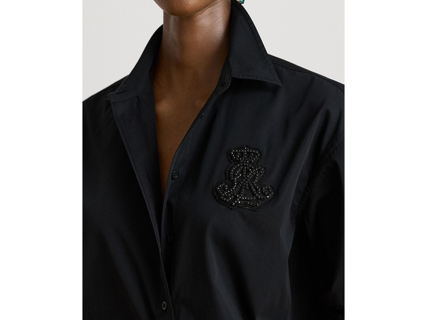Женская рубашка Lauren Ralph Lauren Petite Long-Sleeve Relaxed-Fit Rhinestone-Embellished Button-Up, цвет: Чёрный — фото 3