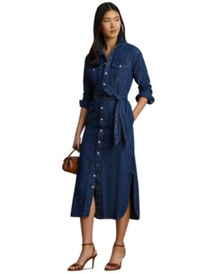 Women's Collared Belted Denim Midi Shirt-Dress