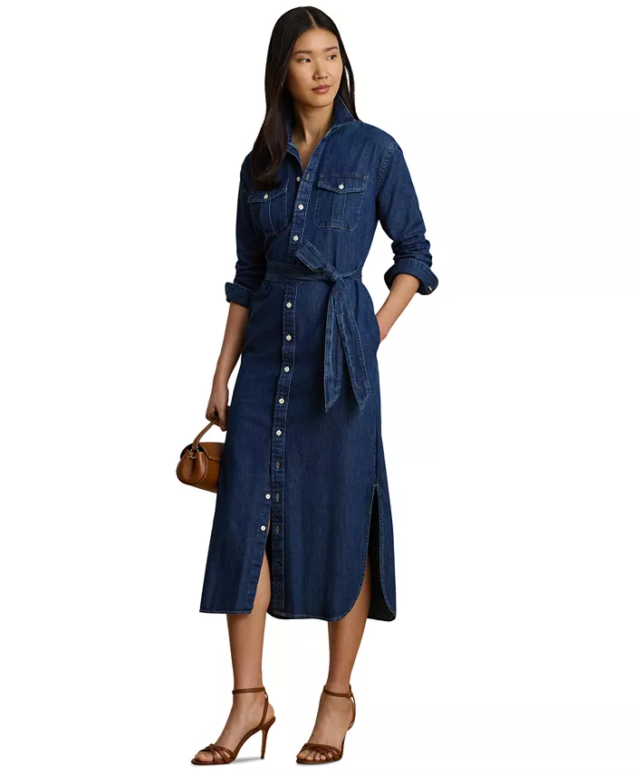 Women's Collared Belted Denim Midi Shirt-Dress