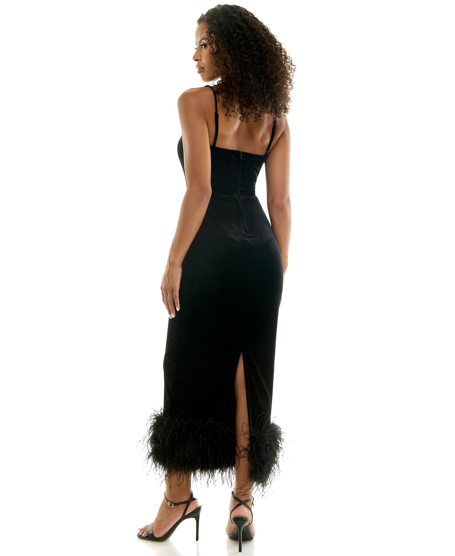 Juniors' Feather-Trim Velvet Midi Dress