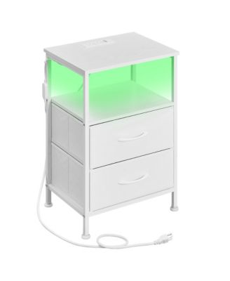 Bedroom Bedside Table with LED Lights and Charging Station, Nightstand with 2 Drawer and 1 Shelf